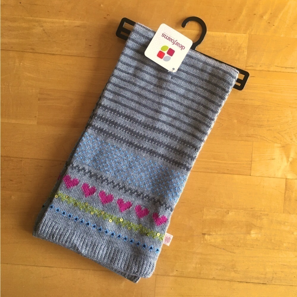 Dearfoams Fairisle Striped Scarf with Hearts, Sequins, Fray, Pink, Green - Picture 12 of 16